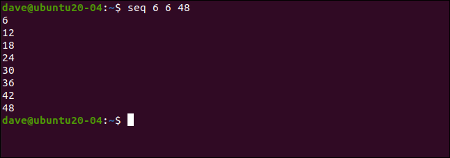 seq 6 6 48 em uma janela de terminal.