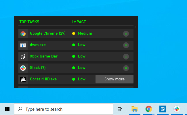 O widget de recursos da barra de jogos do Xbox fixado em uma área de trabalho do Windows 10