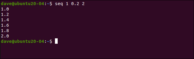 seq 1 0,2 2 em uma janela de terminal.