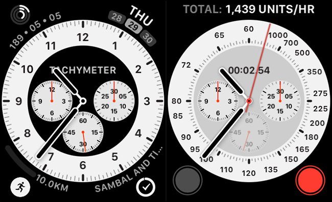 Um mostrador de relógio Chronograph Pro com complicação de taquímetro embutida.