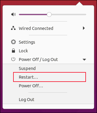 A opção "Reiniciar" no menu Sistema no GNOME 3.38.0.