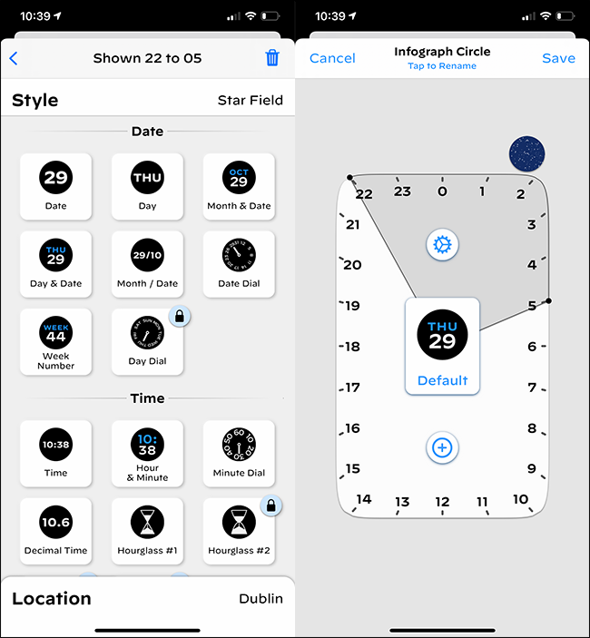 Os menus de criação de complicações no aplicativo Watchsmith em um iPhone.