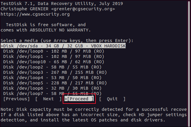 "Continuar" selecionado em uma janela de terminal.