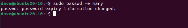 Saída de sudo passwd -e mary em uma janela de terminal.