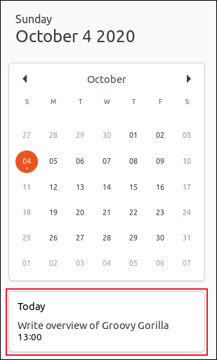 Uma notificação de calendário para 4 de outubro de 2020, no Ubuntu 20.10.