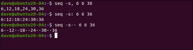 seq s, 6 6 36 em uma janela de terminal.