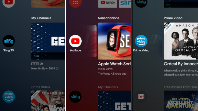 Três telas iniciais da Android TV: uma com fundo azul escuro, outra com fundo vermelho e outra com fundo cinza.