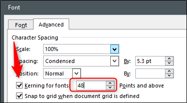 Aplicar kerning para tamanho de fonte na regra ou acima