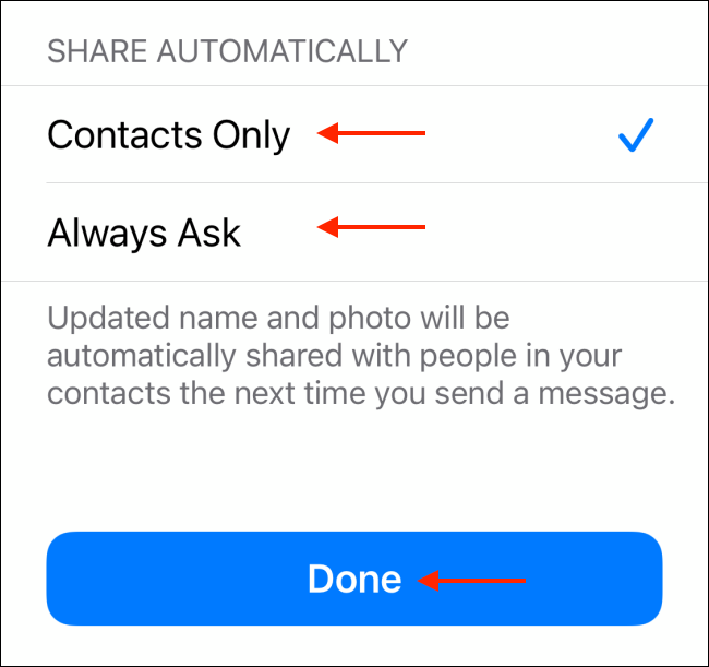 Escolha as configurações de compartilhamento para o perfil iMessage