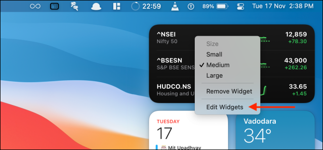 Clique em Editar Widgets no menu do botão direito do widget