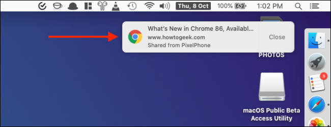Clique em Notificação para abrir a guia Recebido do Chrome no iPhone ou iPad