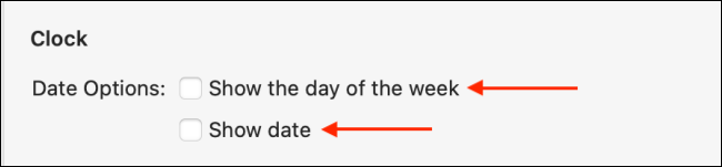 Selecione “Mostrar o dia da semana” e “Mostrar data”.