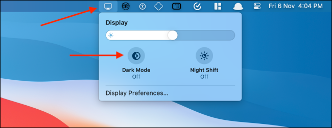 Ative o modo escuro a partir do ícone de exibição na barra de menu