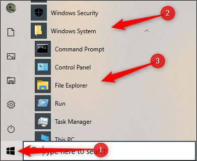 Clique no botão Iniciar, clique em “Sistema Windows” e, em seguida, clique em “Explorador de Arquivos”.