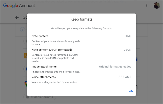 Verifique os formatos de arquivo de exportação de dados do Google Keep