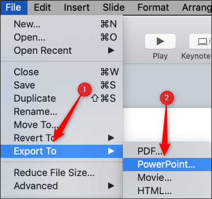 Passe o mouse sobre “Exportar para” e clique em “PowerPoint”.