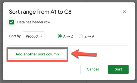 Pressione "Adicionar outra coluna de classificação" para adicionar uma coluna adicional à classificação do Google Sheets.