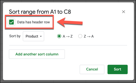Clique na caixa de seleção "Dados têm linha de cabeçalho" para usar rótulos de cabeçalho de coluna durante uma classificação no Planilhas Google