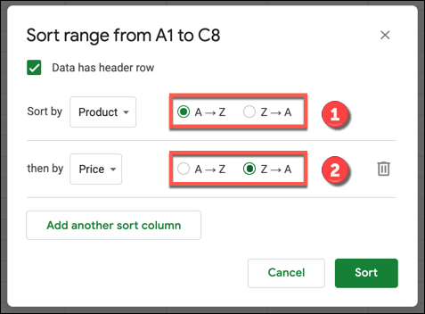 Na caixa de opções de classificação do Google Sheets, selecione "AZ" para ordem crescente ou "ZA" para ordem decrescente.