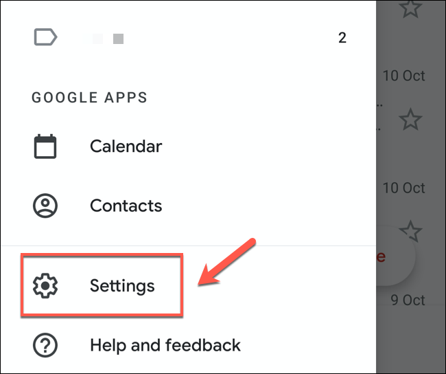Toque na opção “Configurações” na parte inferior do menu do Gmail.