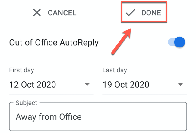 Toque em "Concluído" para salvar a mensagem de ausência do Gmail