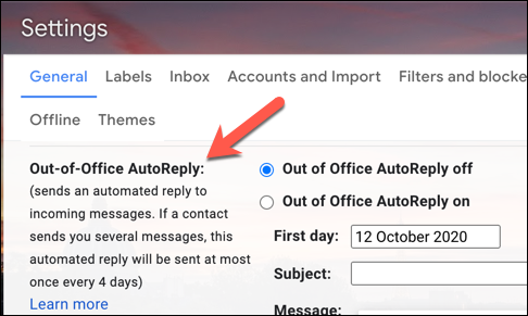A área de configurações da resposta automática de férias do Gmail, denominada "Resposta automática fora do escritório" em uma conta do Gmail no Reino Unido