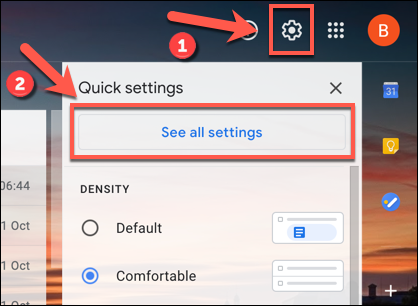 Na interface da web do Gmail, pressione o ícone de engrenagem de configurações e, em seguida, pressione a opção "Ver todas as configurações".