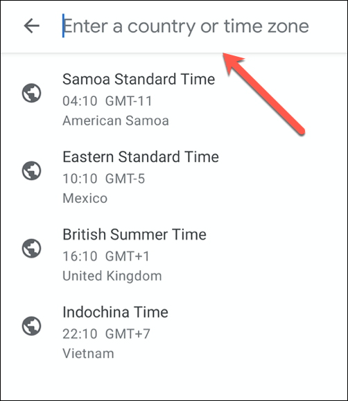 Use a barra de pesquisa para pesquisar um fuso horário ou local e selecione-o na lista de resultados.