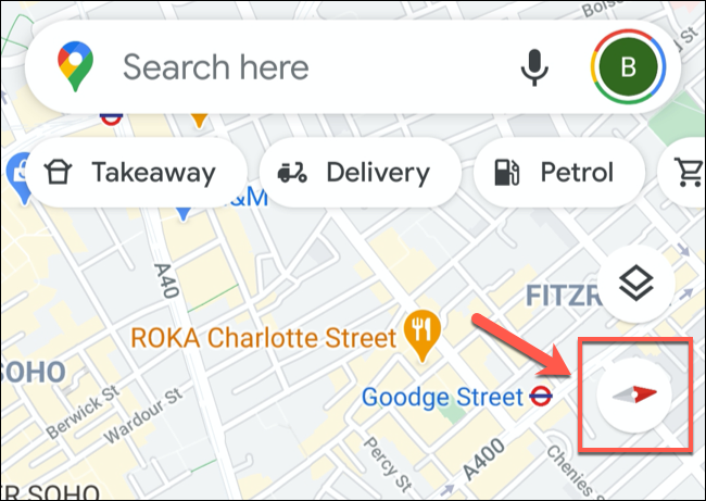 O ícone da bússola mostrando o norte e o sul no aplicativo móvel do Google Maps