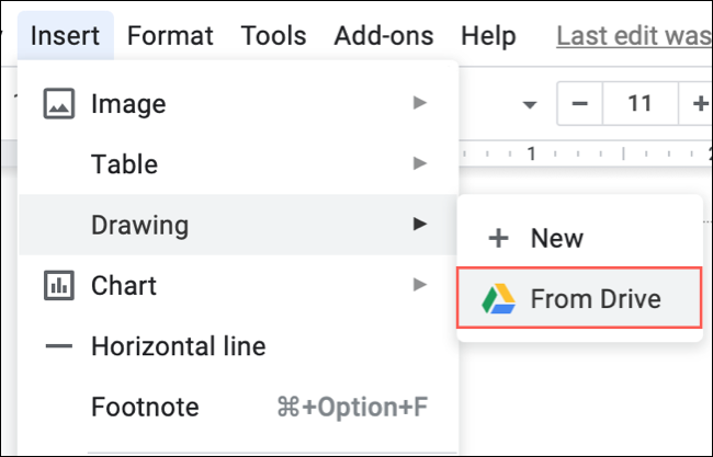 Clique em Inserir, Desenho, Do Drive no Google Docs