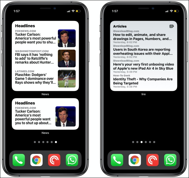 Widgets de notícias em dois iPhones.