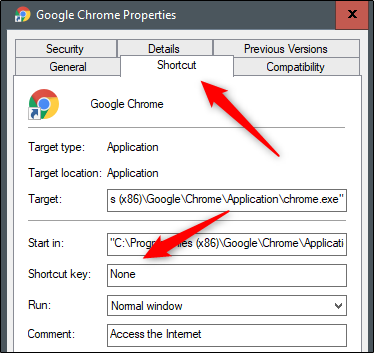 Nenhuma tecla de atalho para o Google Chrome