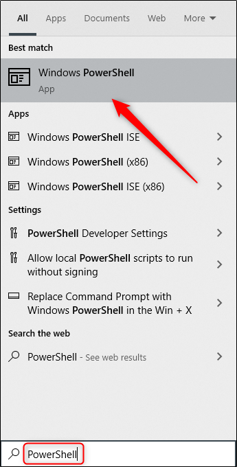 Digite “PowerShell” na caixa de pesquisa do Windows e selecione “Windows PowerShell” nos resultados.