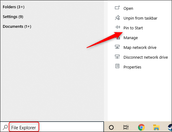 Digite “File Explorer” na caixa de pesquisa e clique em “Fixar para iniciar”.