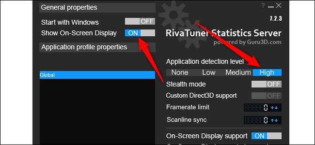 Ative a opção "Mostrar exibição na tela" e clique em "Alto" em "Nível de detecção do aplicativo".