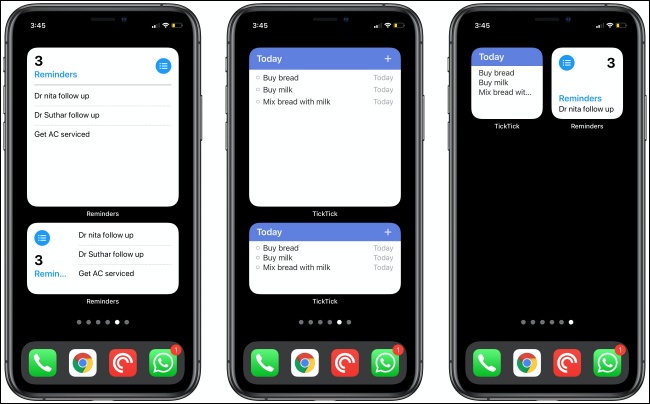 Os Widgets Lembretes e TickTick em três iPhones.