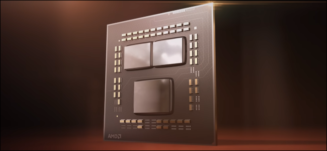 Uma renderização de computador do silício em uma CPU Zen 3.