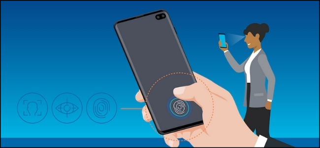 O desenho de uma mulher usando o reconhecimento biométrico da Samsung na parte de trás de um smartphone.