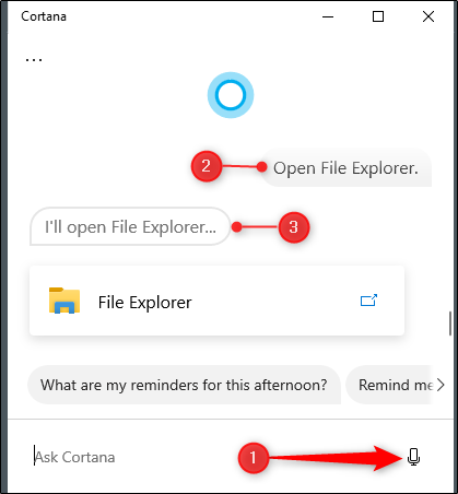 Clique no ícone do microfone e diga "Abra o File Explorer".