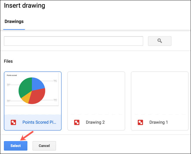 Selecione um desenho e clique em Inserir no Google Docs