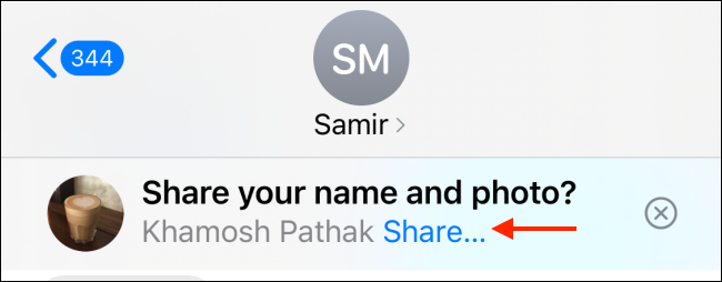 Toque em Compartilhar para compartilhar foto e nome no iMessage