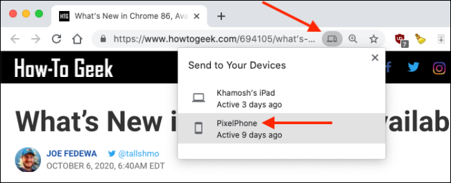 Transferir guia para iPhone ou iPad da barra de URL do Chrome no Mac