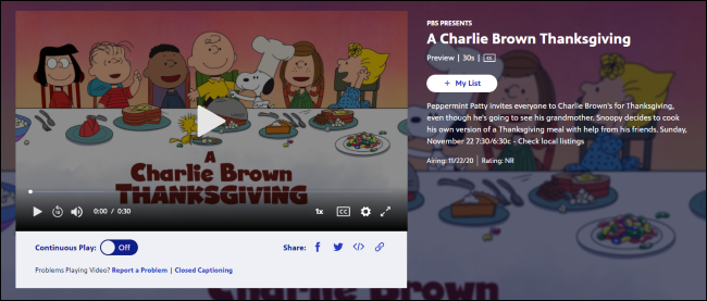 "A Charlie Brown Thanksgiving" no site da PBS.