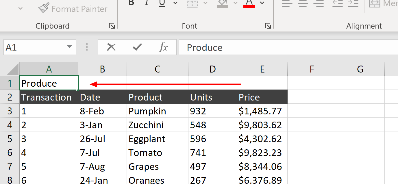 Selecionando a célula A1 no Microsoft Excel