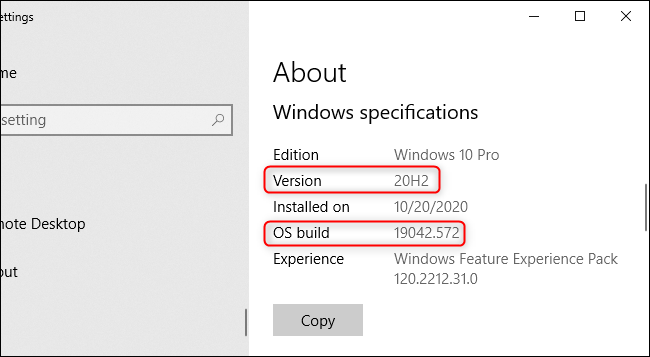 O número da versão do Windows no aplicativo Configurações