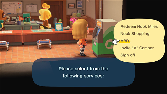 Um personagem "Animal Crossing: New Horizons" no ABD em Resident Services.