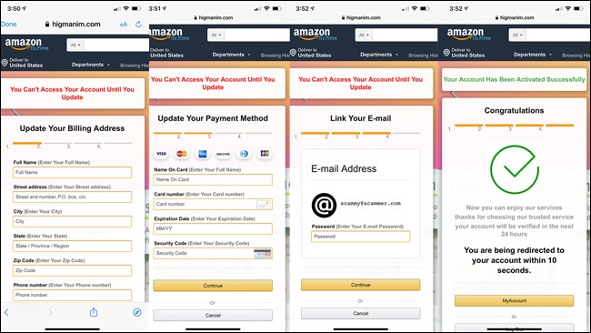 E-mail de spam da Amazon que pede imagens de pagamento e informações de login