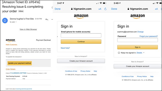 E-mail de spam da Amazon e capturas de tela de login