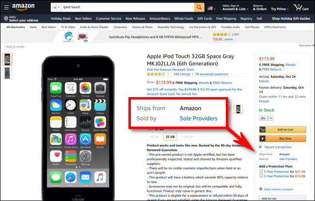 Uma lista na Amazon de um iPod que "é enviado da Amazon", mas é "vendido por fornecedores únicos".