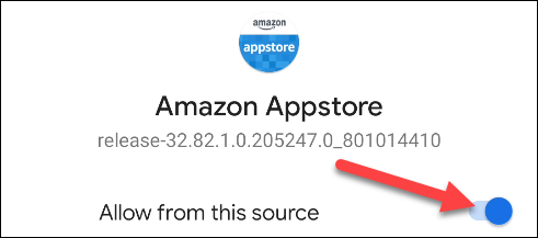 O botão de alternância "Permitir desta fonte" na Amazon Appstore.